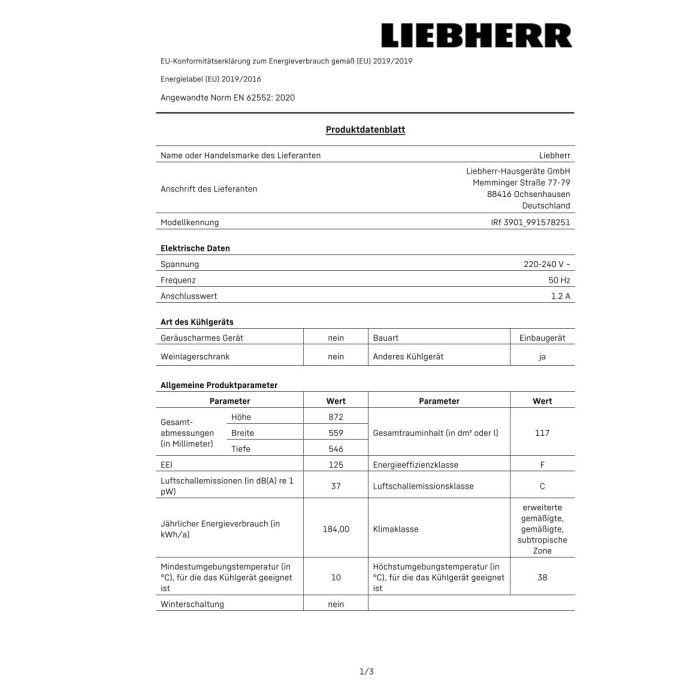 LIEBHERR - Einbaukühlschrank - IRF 3901 Pure