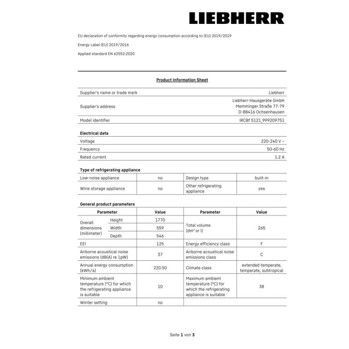 Liebherr plus 999209751, Einbaukühlschrank integrierbar mit Kellerfach und  BioFreshIRCBf 5121